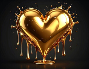 Golden, heart-shaped sculpture appears to be melting over dark glossy surface