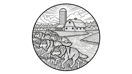 Naklejka premium Black and white illustration of wolves running in a field towards a barn and silo