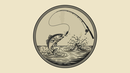 A grayscale illustration of a fish leaping out of water to catch a lure, within a round frame