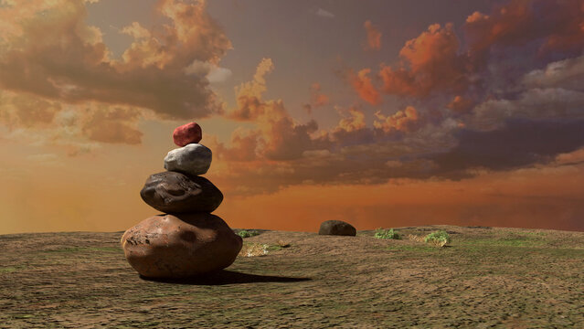 Pile of stones of different colors in a lonely meadow