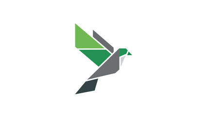Geometric dove illustration with angular design, incorporating green and grey hues on white background