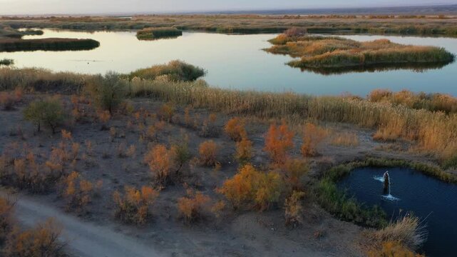 Ayak-Kalkan thermal spring with hot radon water on the banks of the Ili River in Kazakhstan in autumn, view from above
