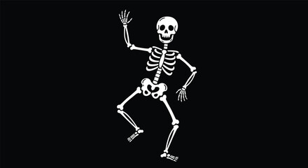 Dancing skeleton silhouette, spooky bone figure, animated skeleton clipart, black background skeleton, festive Halloween pose, eerie motion, human bones illustration