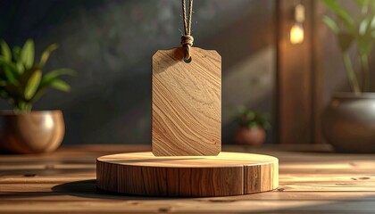 Stunning natural wood tag mockup elegantly suspended, perfect for showcasing product branding or artisanal crafts with warm, inviting light and rustic charm.