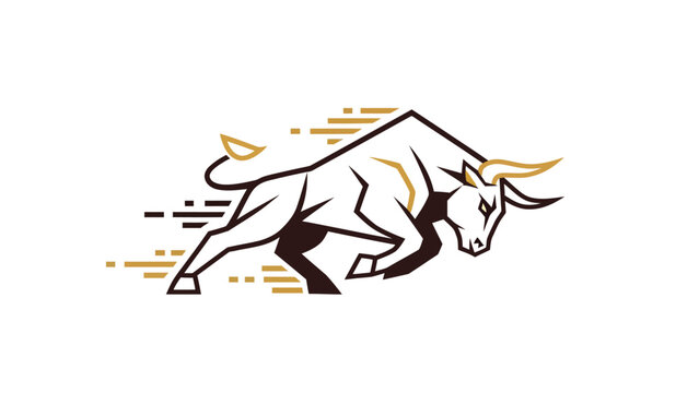 Stylized, geometric bull in motion, rendered in shades of brown, gold, and white