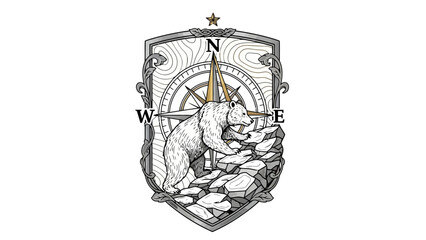 A heraldic emblem featuring a bear, compass, topographic lines, star, and ornate border