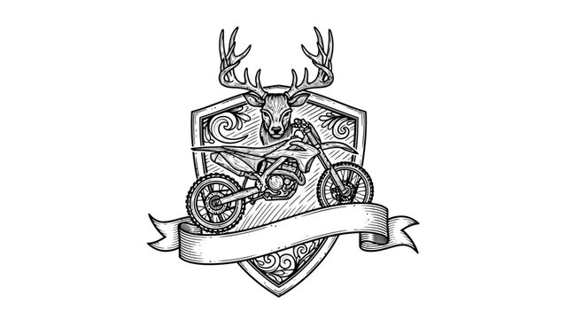 A grayscale emblem featuring a deer head with antlers, a motorcycle, banner, and decorative shield