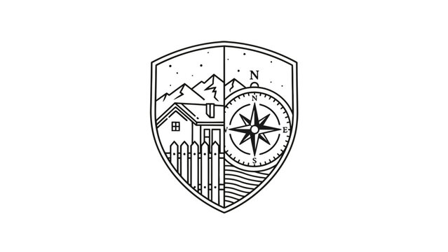A crest illustration depicting a cabin, mountains, a compass, stars, and wavy lines