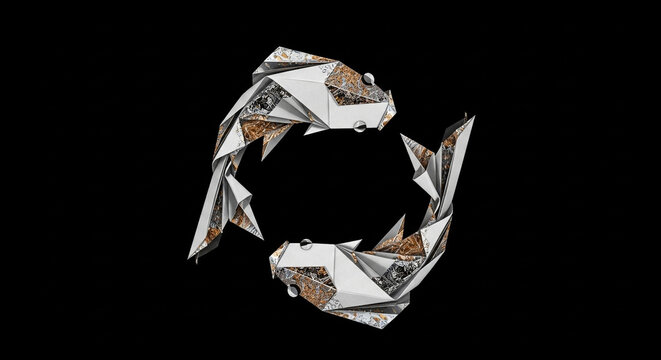 Abstract geometric sculpture made of crumpled metallic foil and textured paper against a stark black background