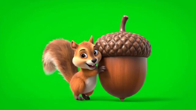 Joyful cartoon squirrel animatedly sprints across a vibrant green screen background, perfect for dynamic motion graphics and playful projects