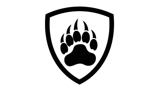 A black bear paw print inside a shield shape on a white background