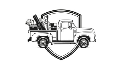 Obraz premium Black and white illustration of a vintage truck loaded with camping gear inside a shield