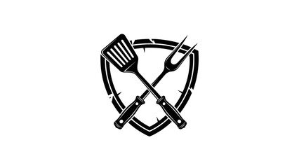 A black emblem features a spatula and fork crossed, behind an edgy shield shape on a white background