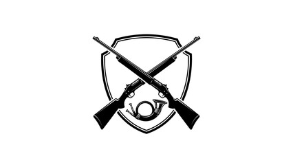 Black and white emblem showing crossed firearms, shield, and a curved horn. Elegant and bold design