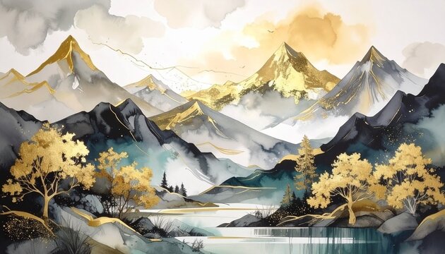 Stunning watercolor mountain landscape art with opulent gold accents, capturing serene natural beauty for luxurious decor and inspiring visual themes.