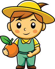 A cute farmer holding a cute orange.