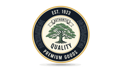 Fototapeta premium Circular emblem with a tree in the center, and text, 'authentic quality premium goods', with established date