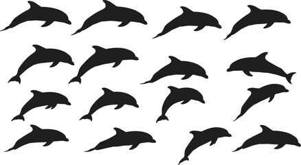 Dolphin silhouettes pattern, black dolphin icons, marine animal grid, sea life design, ocean wildlife art, aquatic creature illustration, minimal