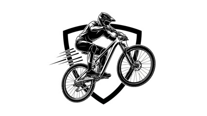 Obraz premium Bicyclist on a mountain bike against a shield shape, stylized as an illustration