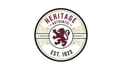 Obraz premium A circular emblem with a lion and text inside. Colors include maroon, gold, and black. A decorative design
