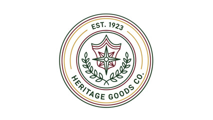 A circular emblem design with layered rings, text, and a central illustrated shield