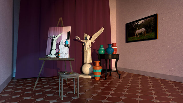 Painting studio with models and a painting in progress