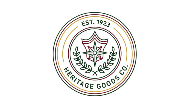 A circular emblem design with layered rings, text, and a central illustrated shield