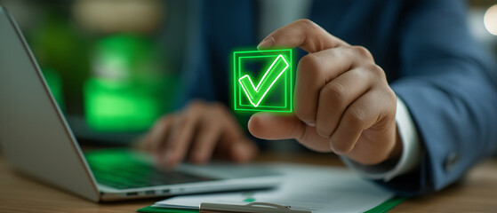 Executive gesturing holographic ai approval checkmark digital loan approval process