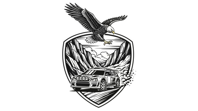 A black and white illustration of an eagle above a shield depicting a rally car in mountainous terrain