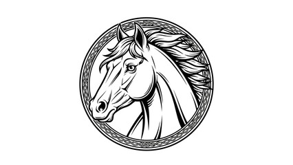 A regal horse portrait, rendered in bold black lines, encircled by a decorative border