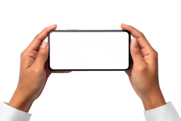 Hand holding smartphone with blank screen isolated on transparent background for mockup design