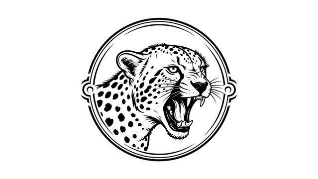 A fierce, black and white illustration of a roaring cheetah head within a decorative circular frame