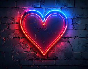 Neon heart glows red and blue on cracked brick wall backdrop