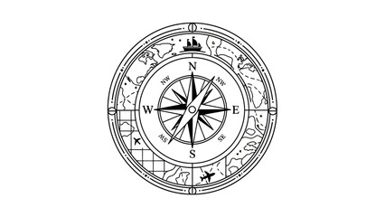 A black and white circular navigational tool with a compass, directions, and illustrations