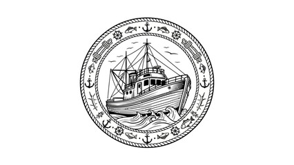 A black and white illustration of a fishing boat in a circular design surrounded by nautical elements