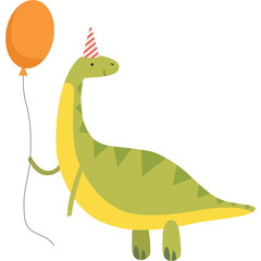 Green Dinosaur Wearing Party Hat Holding Orange Balloon With Transparent Background