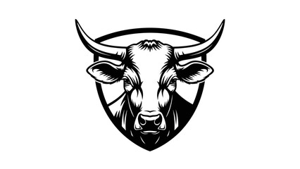 A monochrome illustration of a bull's head, framed by a shield