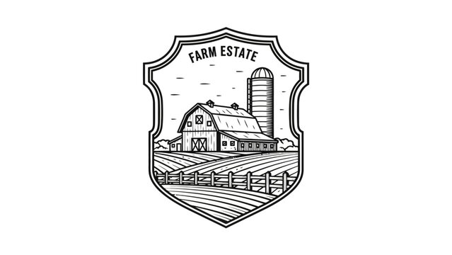 A monochrome illustration of a farm scene inside a crest, showing a barn, silo, and fields