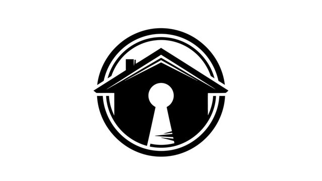 A black and white graphic depicting a house silhouette with a keyhole, encased within a circle