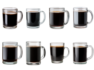 Eight distinct servings of hot, aromatic black coffee in a variety of clear glass and opaque mugs, isolated on a pristine white background