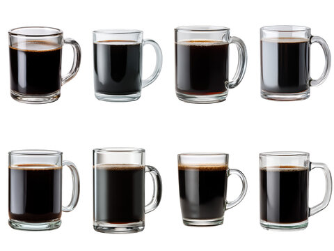 Eight distinct servings of hot, aromatic black coffee in a variety of clear glass and opaque mugs, isolated on a pristine white background