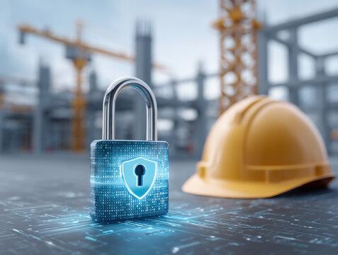Digital padlock with shield icon on circuit board background symbolizing construction site cybersecurity and data protection with yellow hard hat in blurred building site