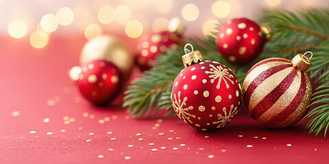 Naklejka premium Red ornament gold ornament evergreen branch holiday decoration festive bokeh Christmas table centerpiece
