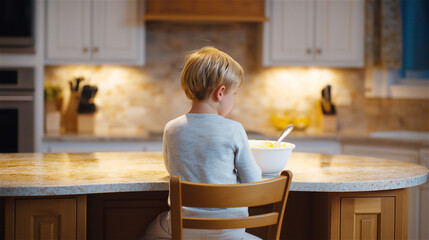 Little boy sitting on chair at kitchen counter with tablet, concept of childhood learning, home education and technology.