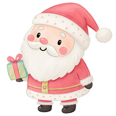 Cheerful cartoon Santa Claus character wearing pink outfit and hat with snowflakes in festive design