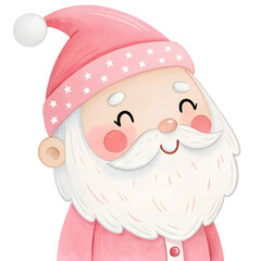 Cheerful cartoon Santa Claus character wearing pink outfit and hat with snowflakes in festive design