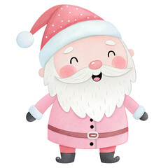 Cheerful cartoon Santa Claus character wearing pink outfit and hat with snowflakes in festive design