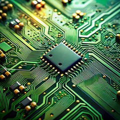 Fototapeta premium Detailed macro view of green printed circuit board with black microchip, gold conductive pathways, and precision-mounted components