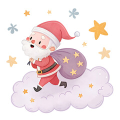 Santa Claus happily running on a cloud while carrying a bag of gifts surrounded by stars and flowers