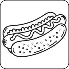 Hot Dog with Ketchup and Mustard – Black and White Vector Line Art | Fun Kids and Adult Coloring Page, Hand Drawn Food Design.